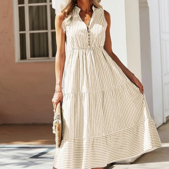 . Dresses & Skirts - Multicolor Boho Womens Striped Print Notched Neck A-line Dress